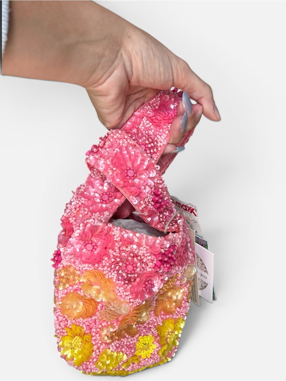 Pink & Yellow Hand Beaded Mini Bucket Bag - Picture 8 of 10